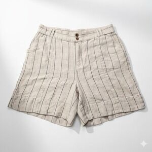 Soft Surroundings Striped Linen Shorts Womens Medium Beige Button Zip Flat Front